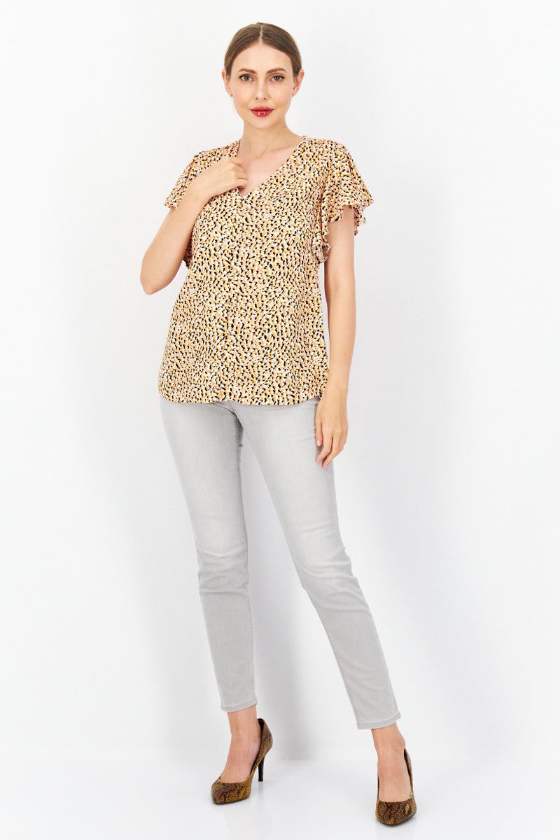 Women V-Neck Ruffle Neck Allover Print Top, Yellow Combo