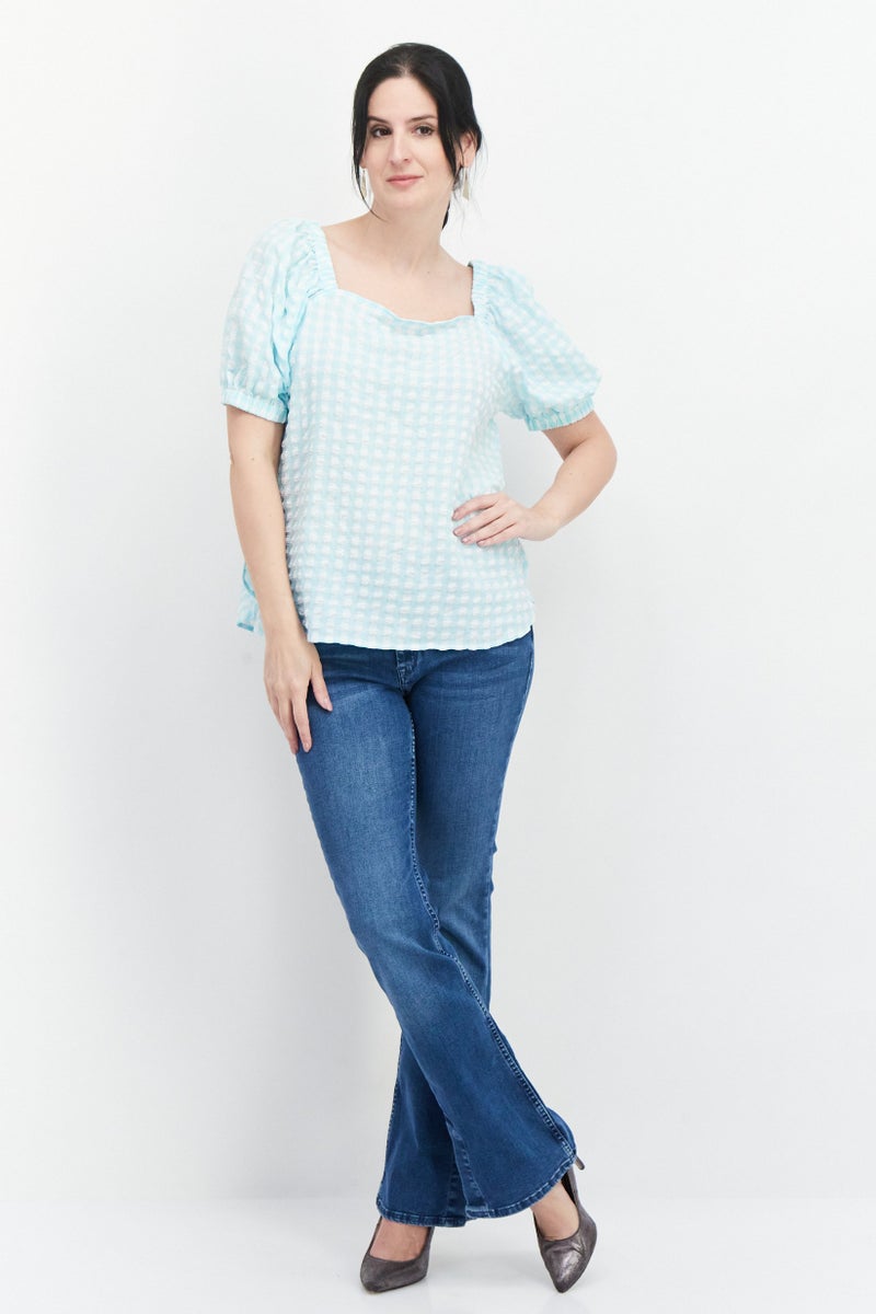Women Square Neck Puffed Sleeves Gingham Pattern Top, Ocean Sky