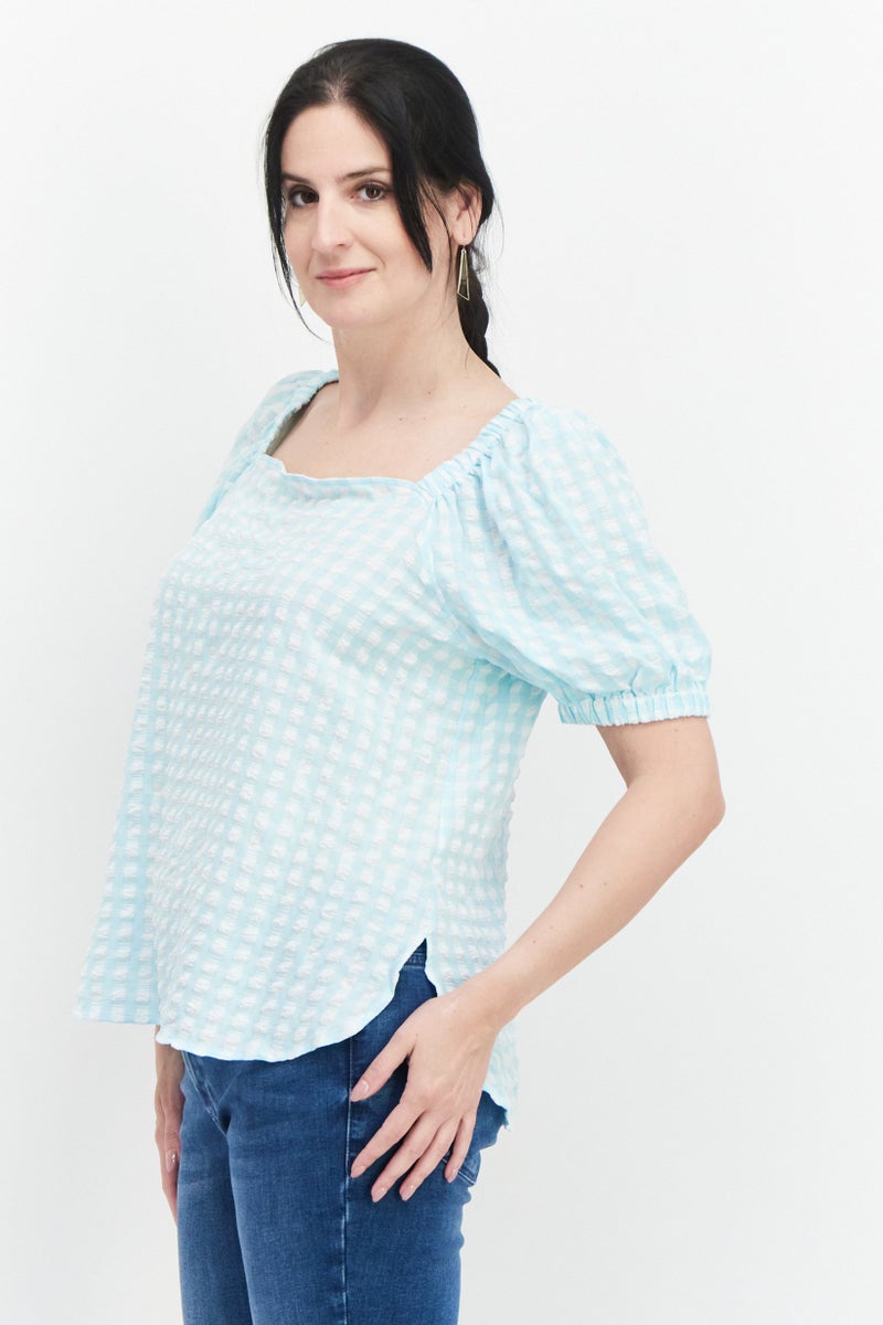 Women Square Neck Puffed Sleeves Gingham Pattern Top, Ocean Sky