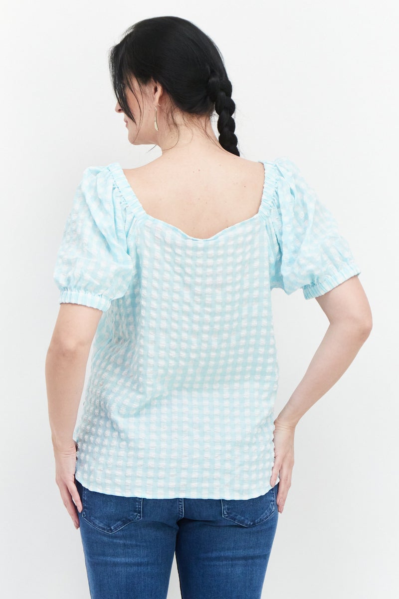 Women Square Neck Puffed Sleeves Gingham Pattern Top, Ocean Sky