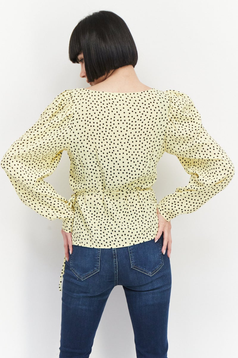 Women V Neck Long Sleeve Polka Dots Blouse, Yellow Combo