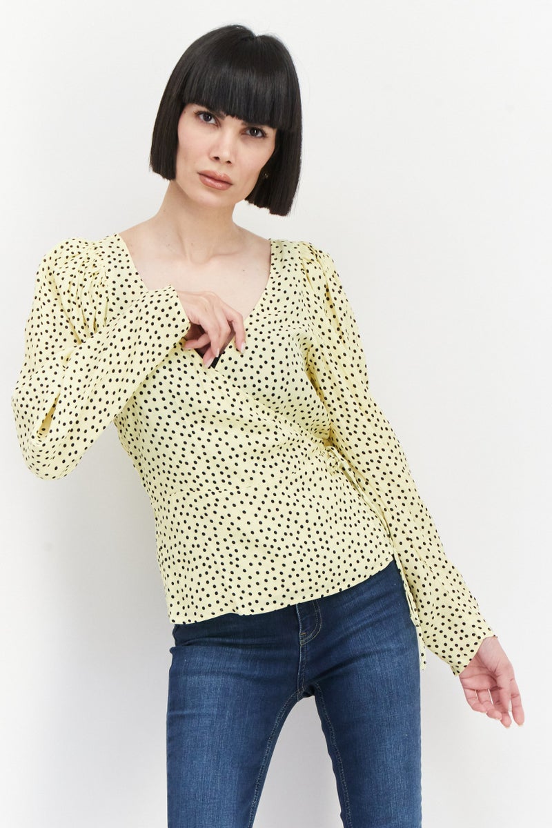 Women V Neck Long Sleeve Polka Dots Blouse, Yellow Combo