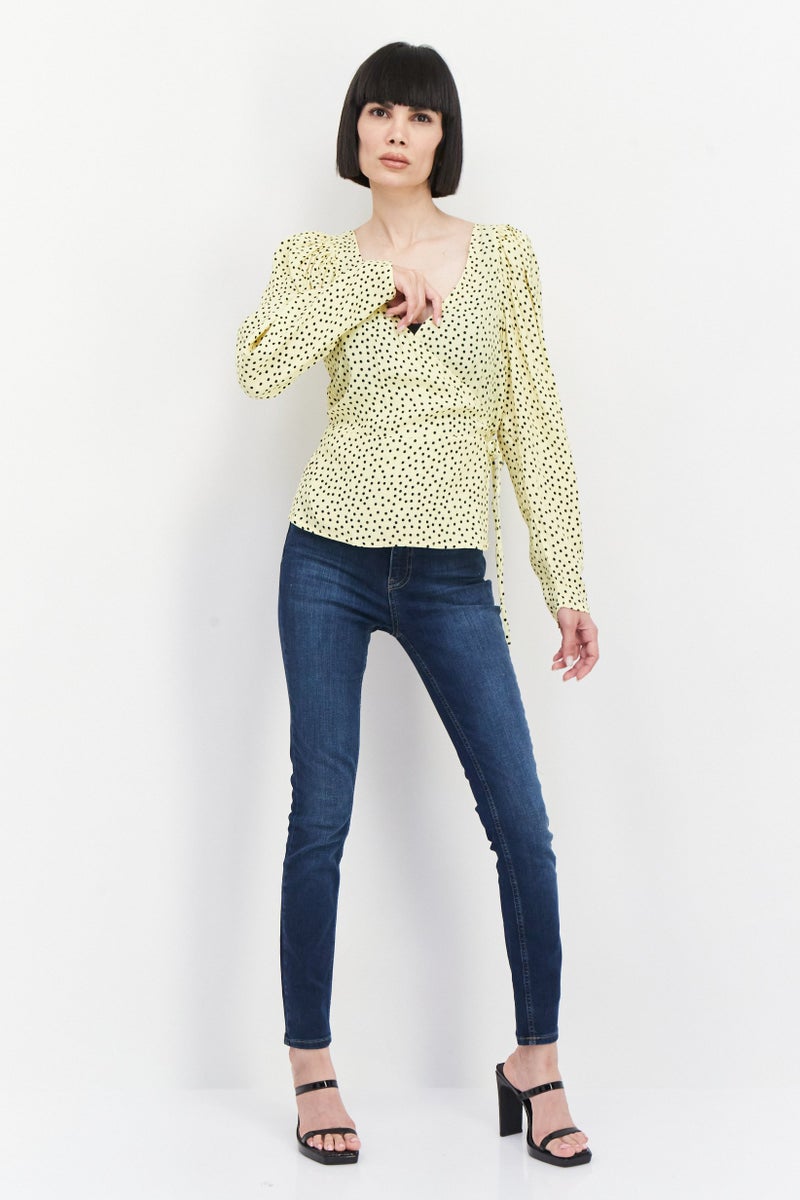 Women V Neck Long Sleeve Polka Dots Blouse, Yellow Combo