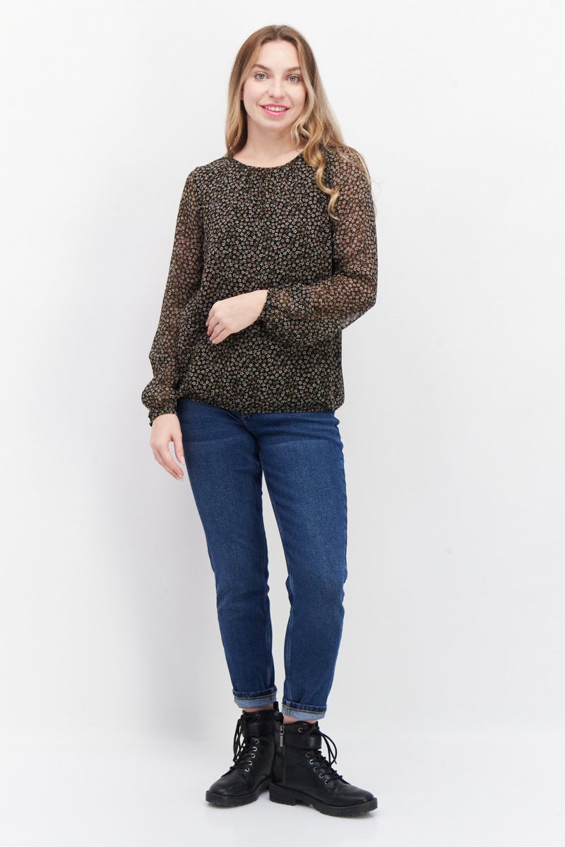 Women  Round Neck Long Sleeve Floral Print Blouse Top, Black Combo