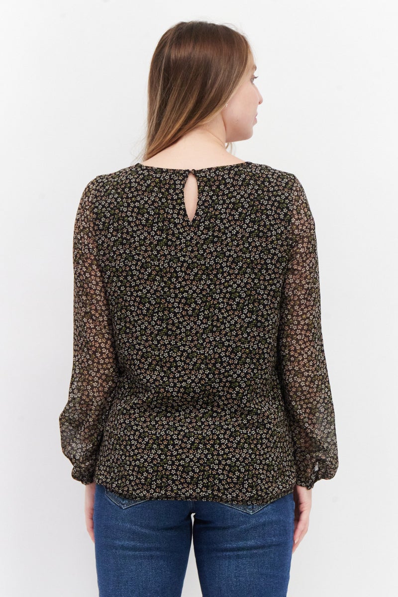 Women  Round Neck Long Sleeve Floral Print Blouse Top, Black Combo