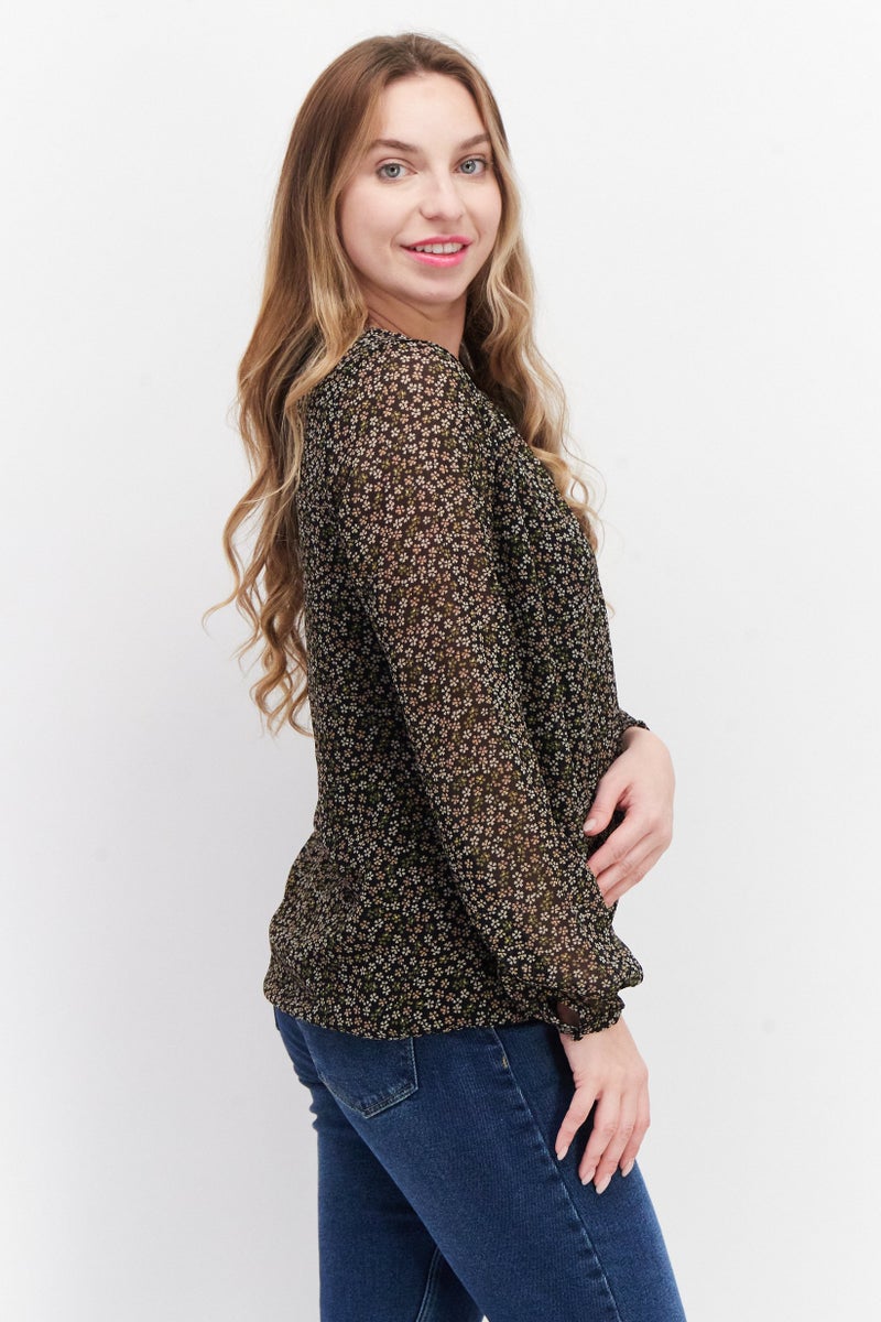 Women  Round Neck Long Sleeve Floral Print Blouse Top, Black Combo