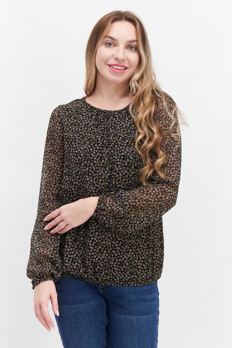 Women  Round Neck Long Sleeve Floral Print Blouse Top, Black Combo