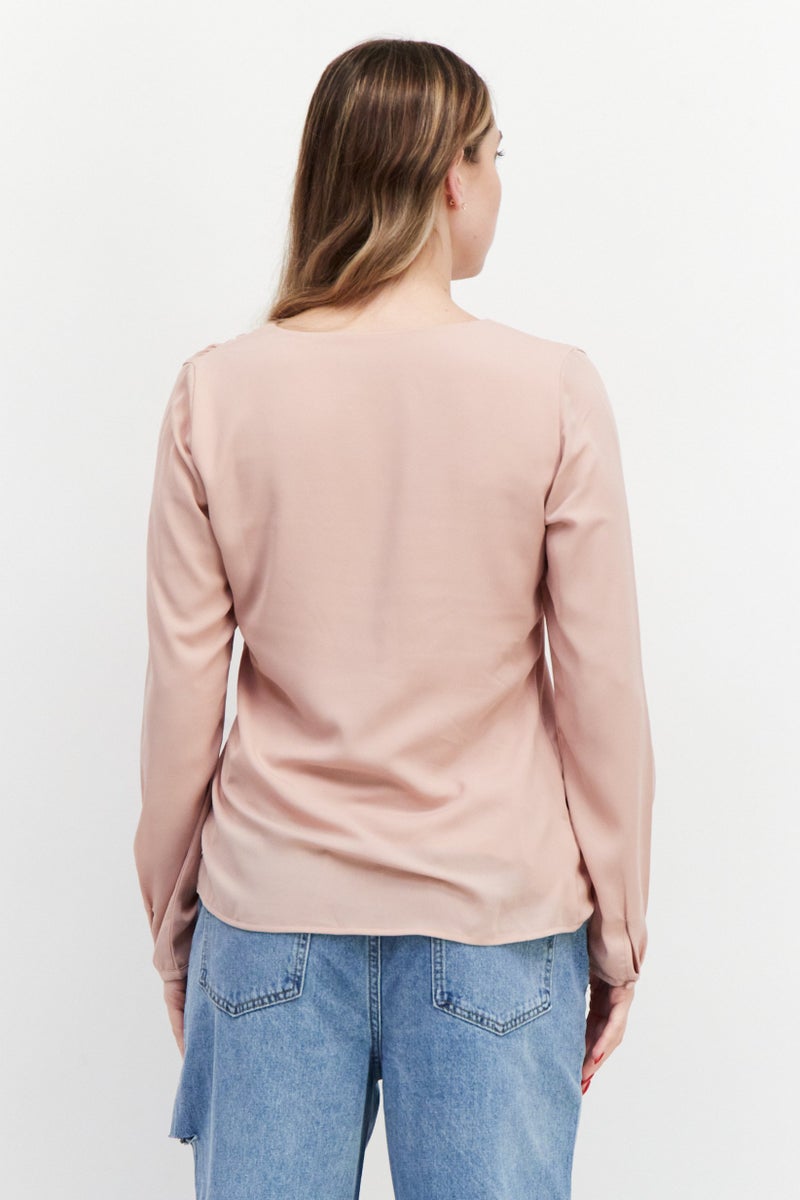 Women U Neck Long Sleeve Plain Top, Old Rose