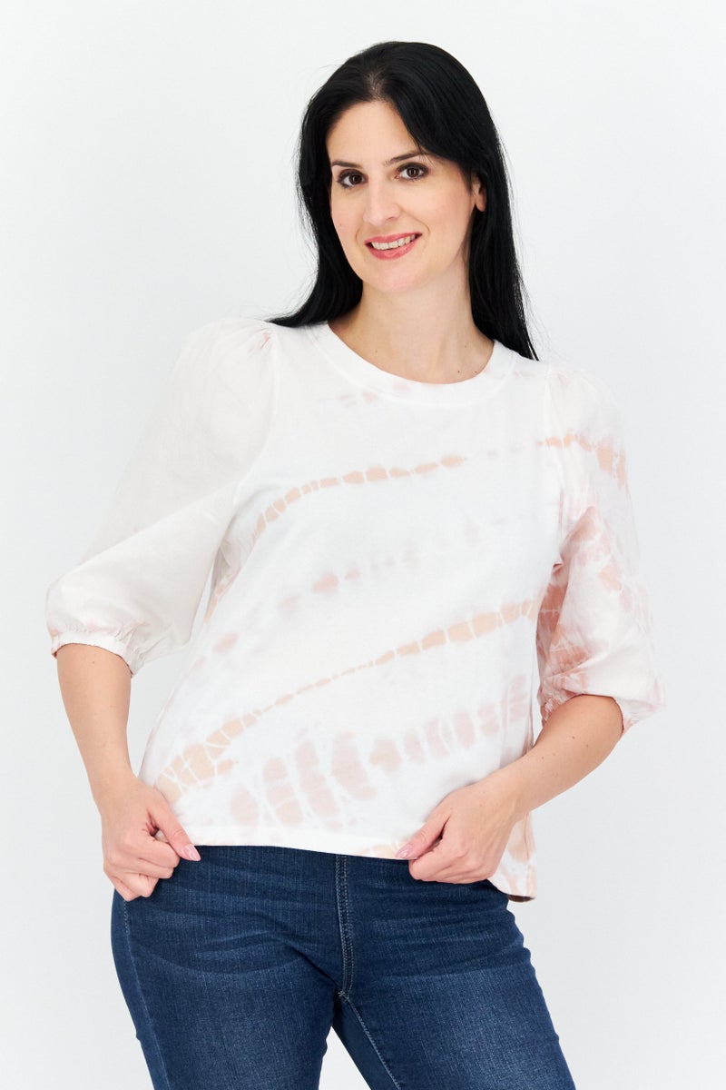 Women Round Neck Puff Sleeves Ombre Blouse, White Combo