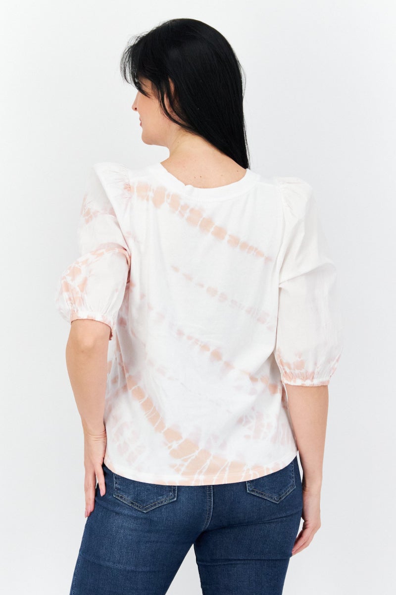 Women Round Neck Puff Sleeves Ombre Blouse, White Combo