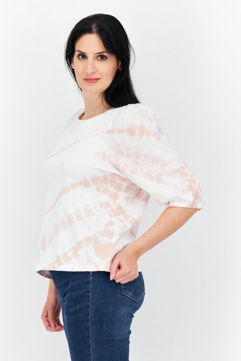 Women Round Neck Puff Sleeves Ombre Blouse, White Combo