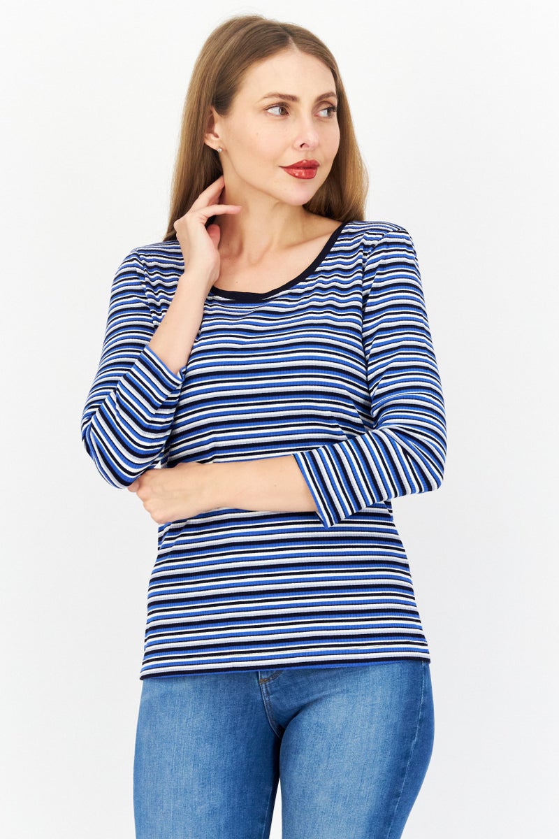 Women Round Neck Long  Sleeves Stripe Top, Blue Combo