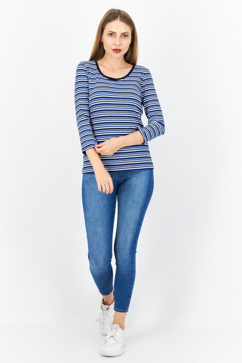 Women Round Neck Long  Sleeves Stripe Top, Blue Combo