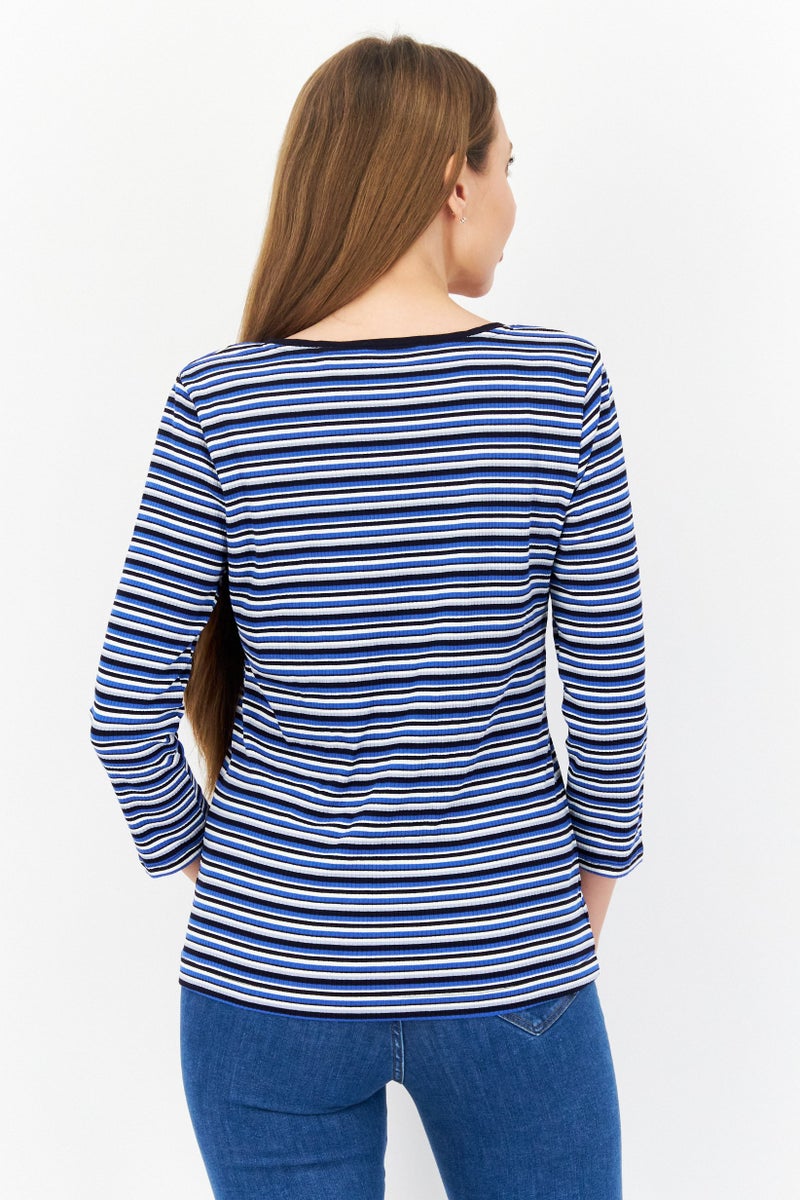 Women Round Neck Long  Sleeves Stripe Top, Blue Combo