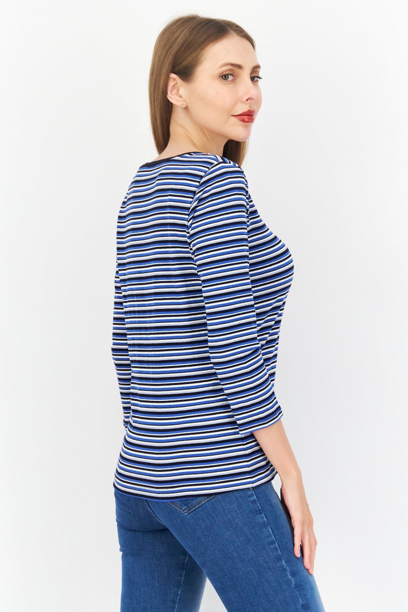 Women Round Neck Long  Sleeves Stripe Top, Blue Combo