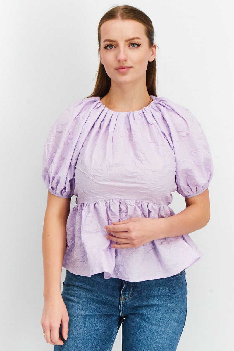 Women Crew Neck Balloon Sleeve Textured Top, Lilac