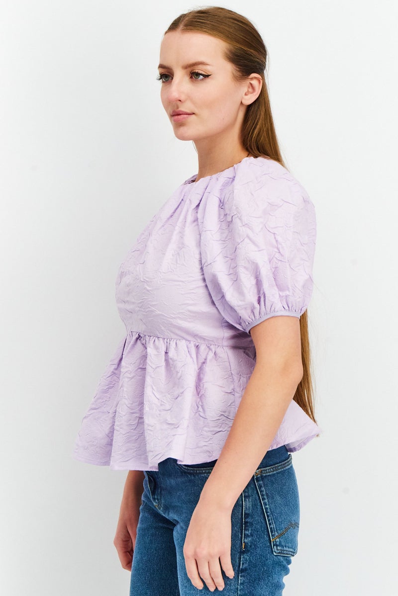 Women Crew Neck Balloon Sleeve Textured Top, Lilac