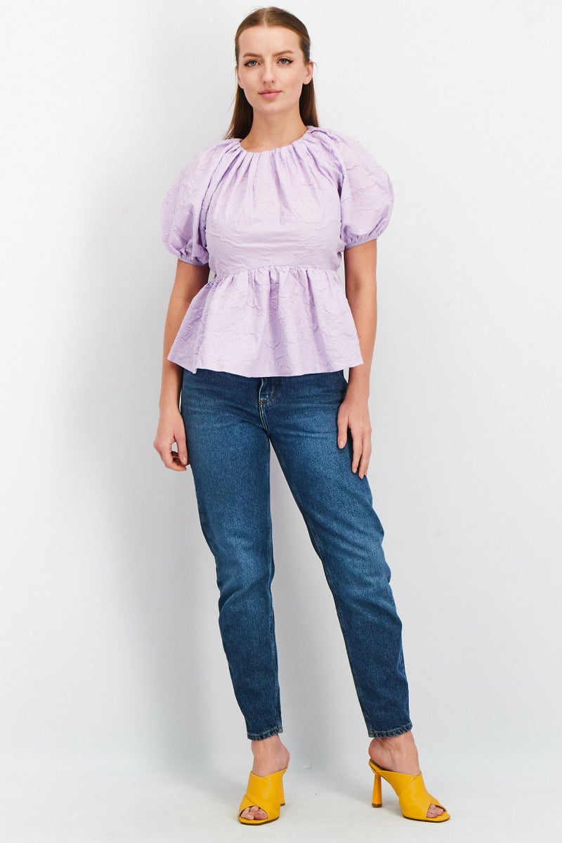 Women Crew Neck Balloon Sleeve Textured Top, Lilac
