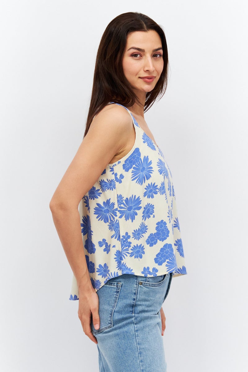 Women Round Neck Sleeveless Floral Top, Beige