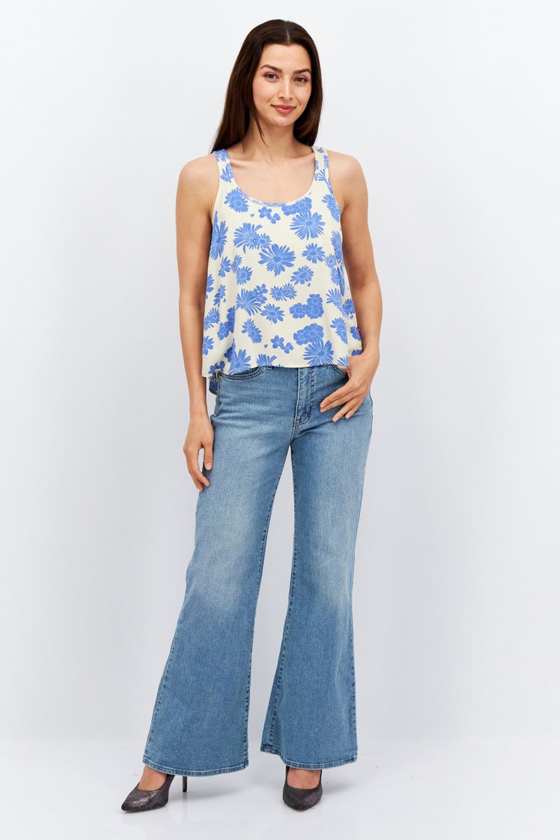 Women Round Neck Sleeveless Floral Top, Beige