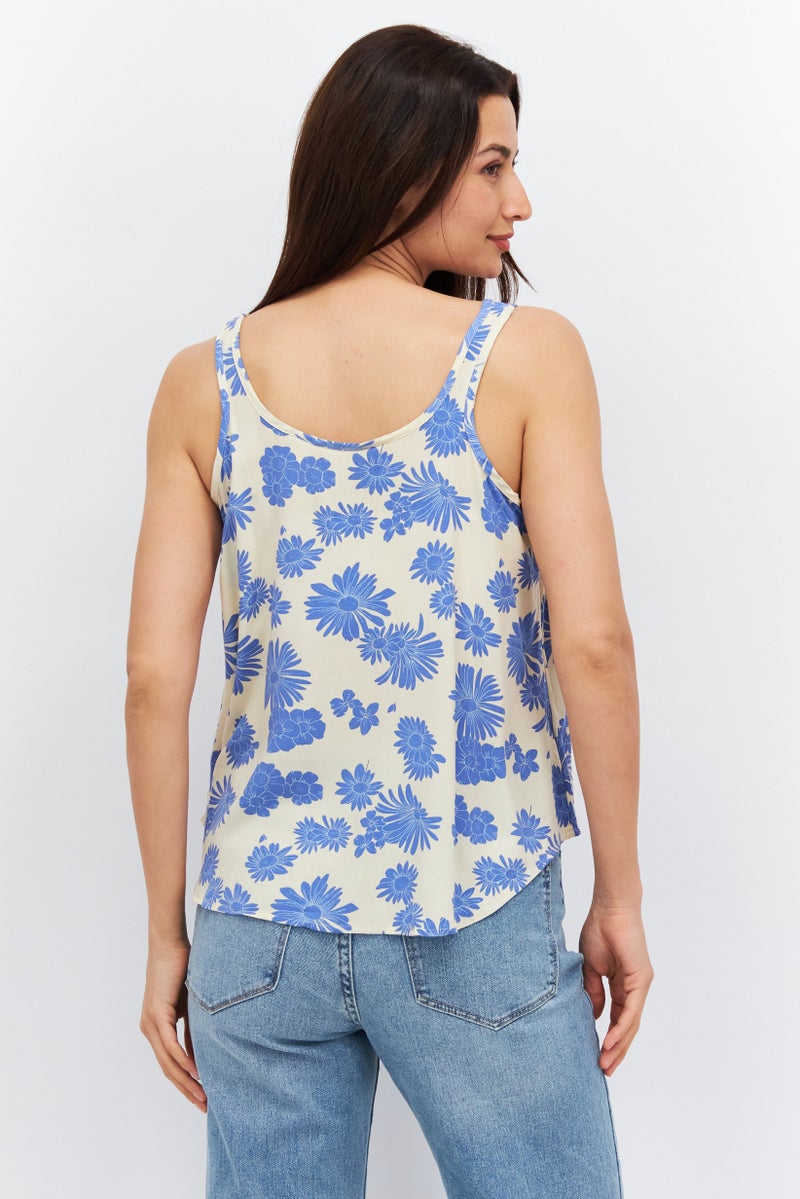 Women Round Neck Sleeveless Floral Top, Beige