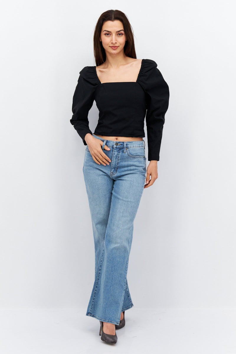 Women Square Neck Long Sleeves Plain Blouse, Black