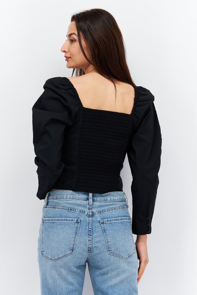 Women Square Neck Long Sleeves Plain Blouse, Black