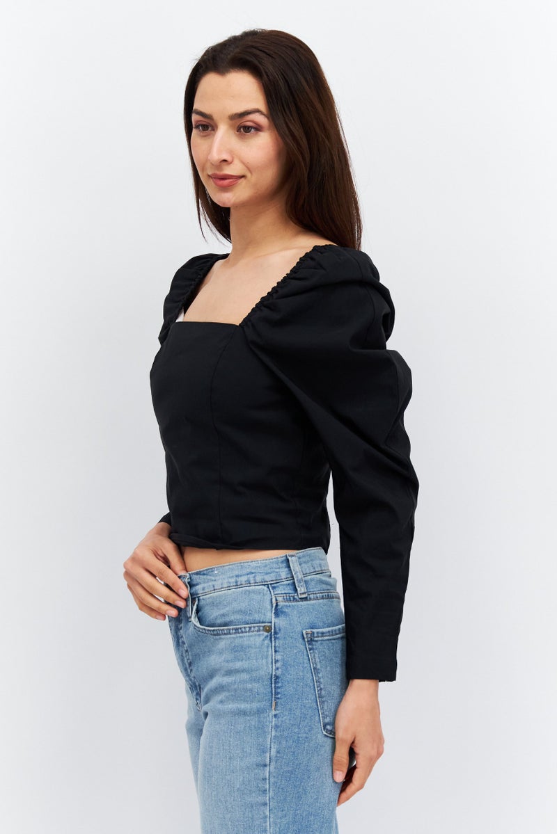 Women Square Neck Long Sleeves Plain Blouse, Black