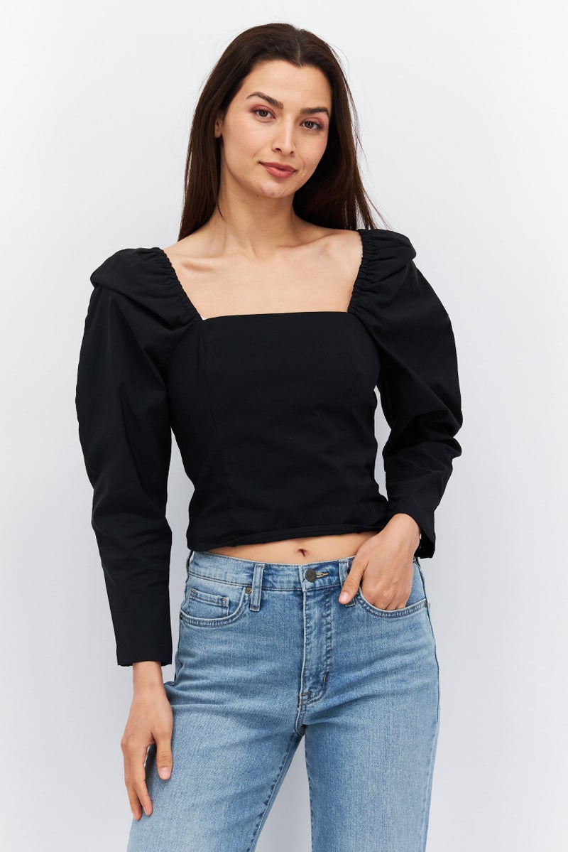Women Square Neck Long Sleeves Plain Blouse, Black