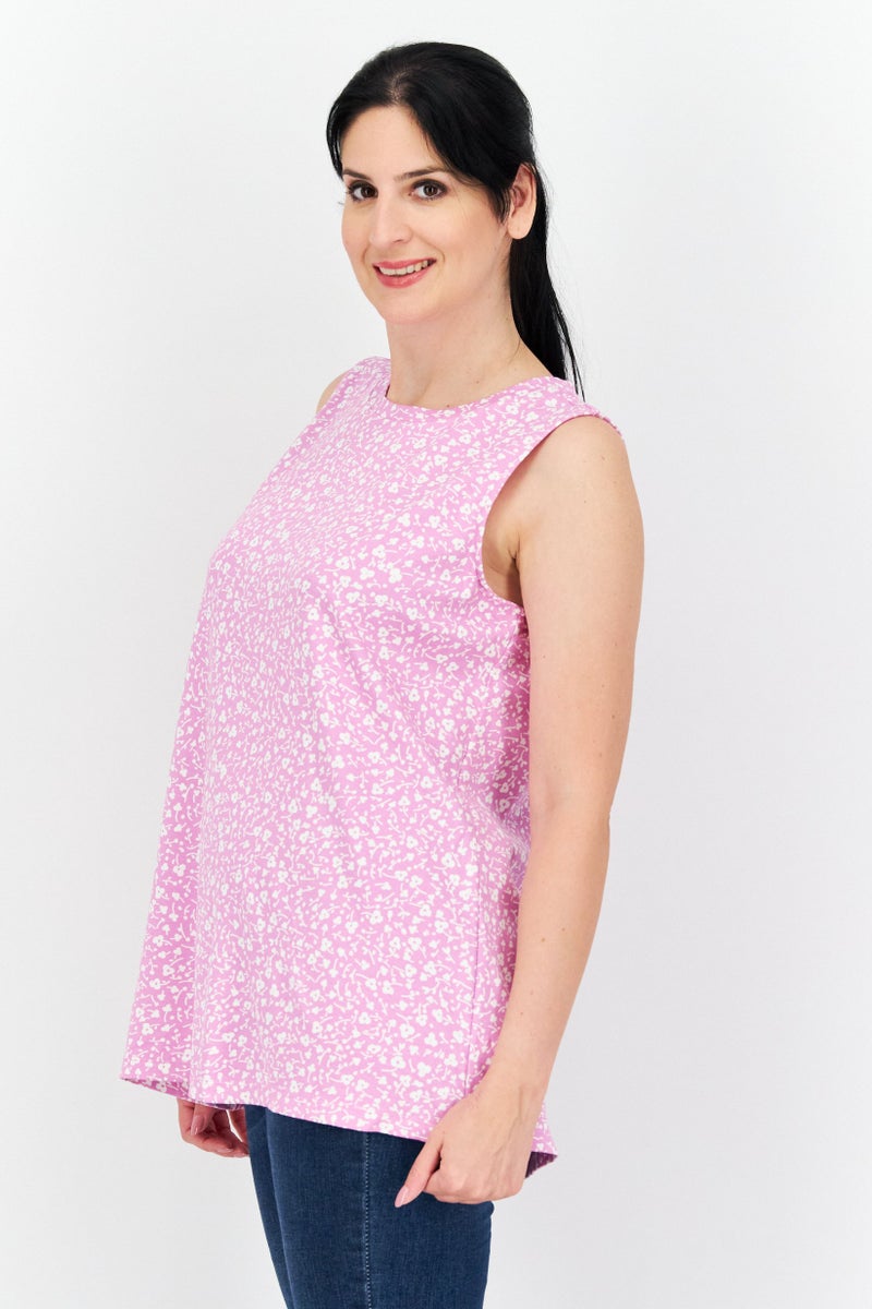 Women Round Neck Cap Sleeves Printed Blouse, Pink