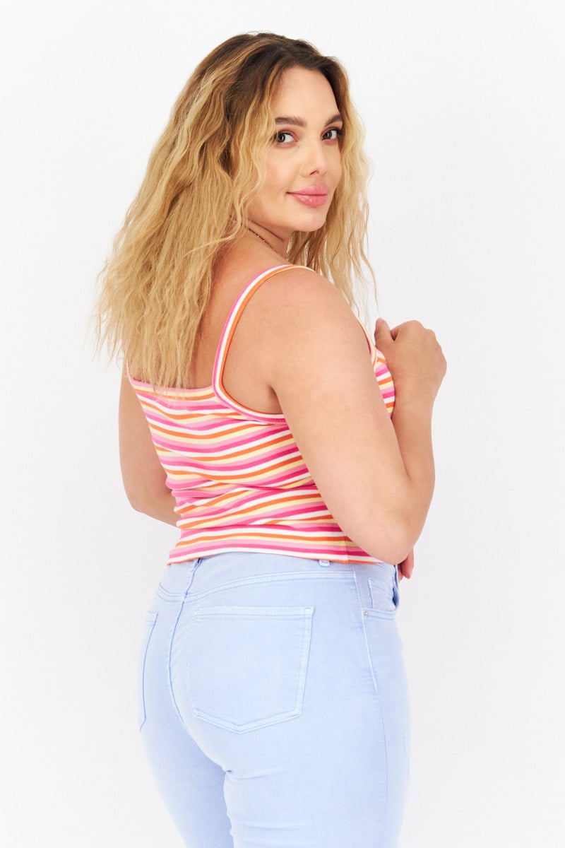 Women Square Neck Sleeveless Stripe Tank Top, Pink Combo