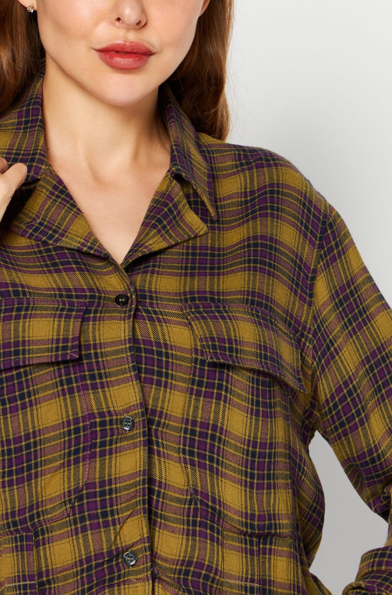 Women Spread Collar Long Sleeve Plaid Shirts, Olive Combo