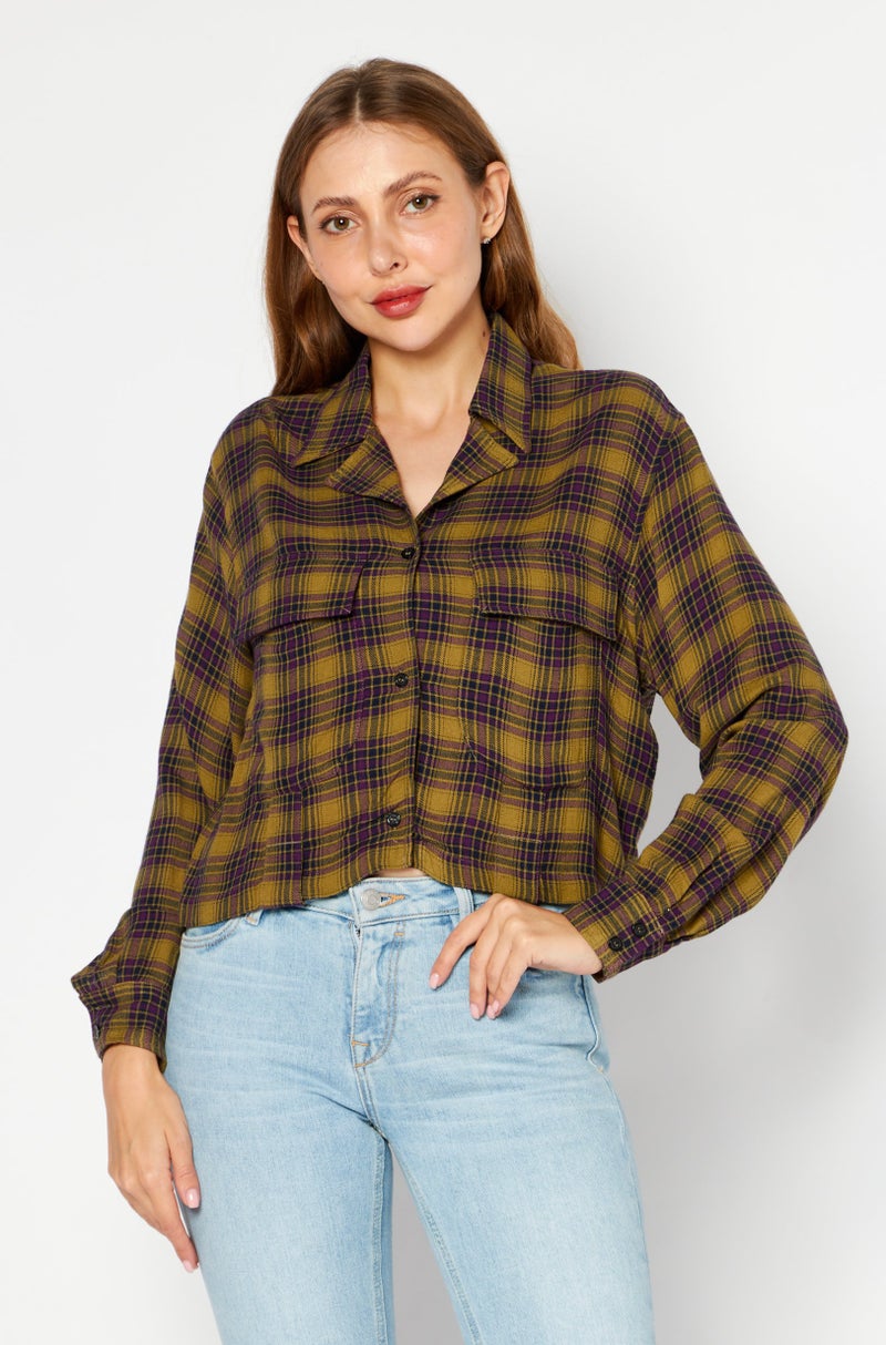 Women Spread Collar Long Sleeve Plaid Shirts, Olive Combo