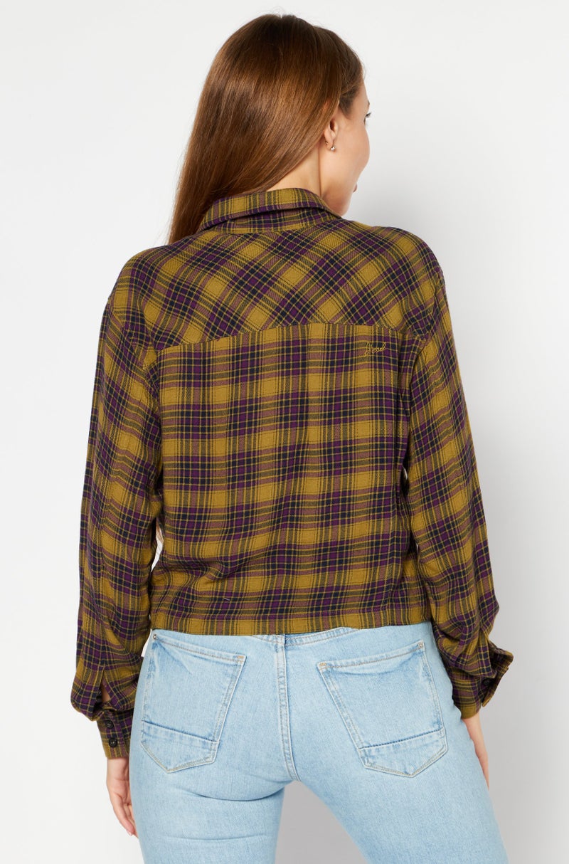 Women Spread Collar Long Sleeve Plaid Shirts, Olive Combo