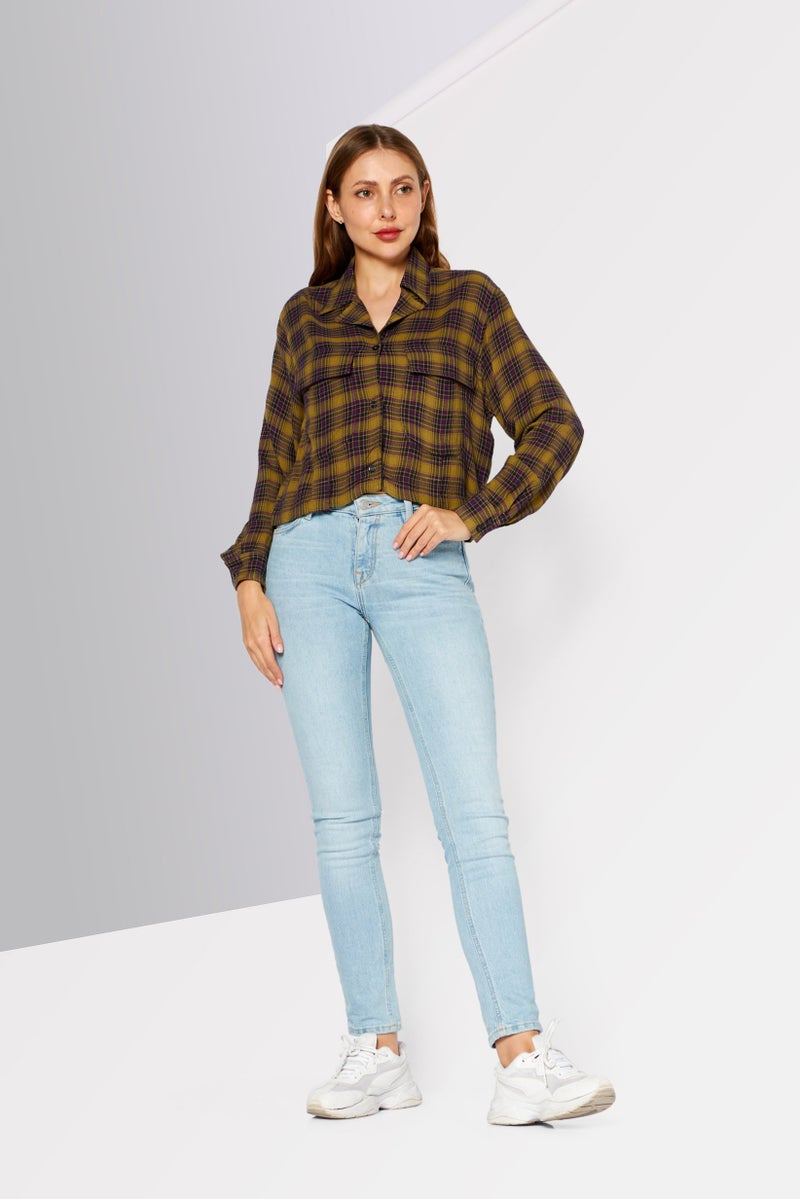 Women Spread Collar Long Sleeve Plaid Shirts, Olive Combo