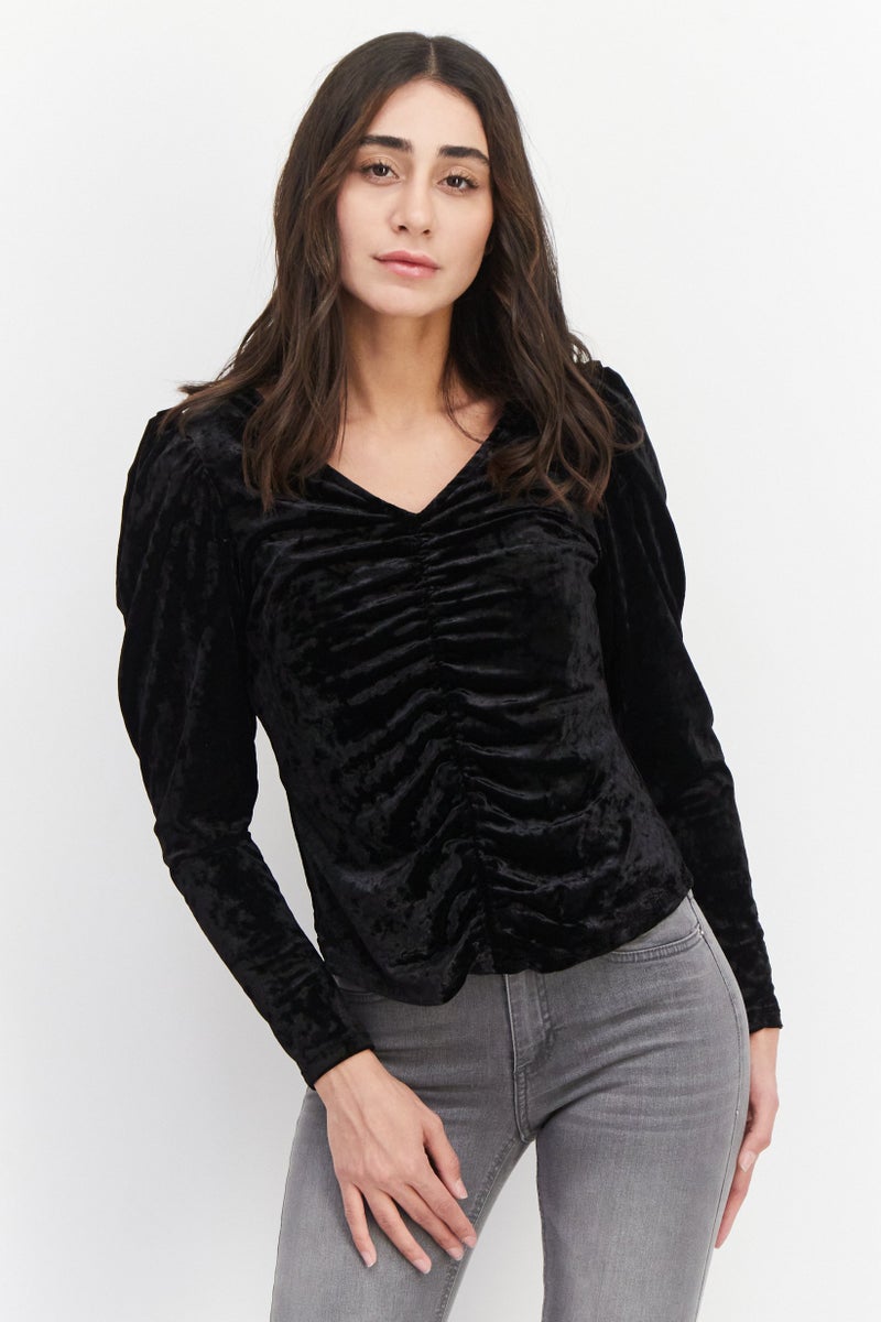 Women V-Neck Long Sleeves Textured Blouse, Black