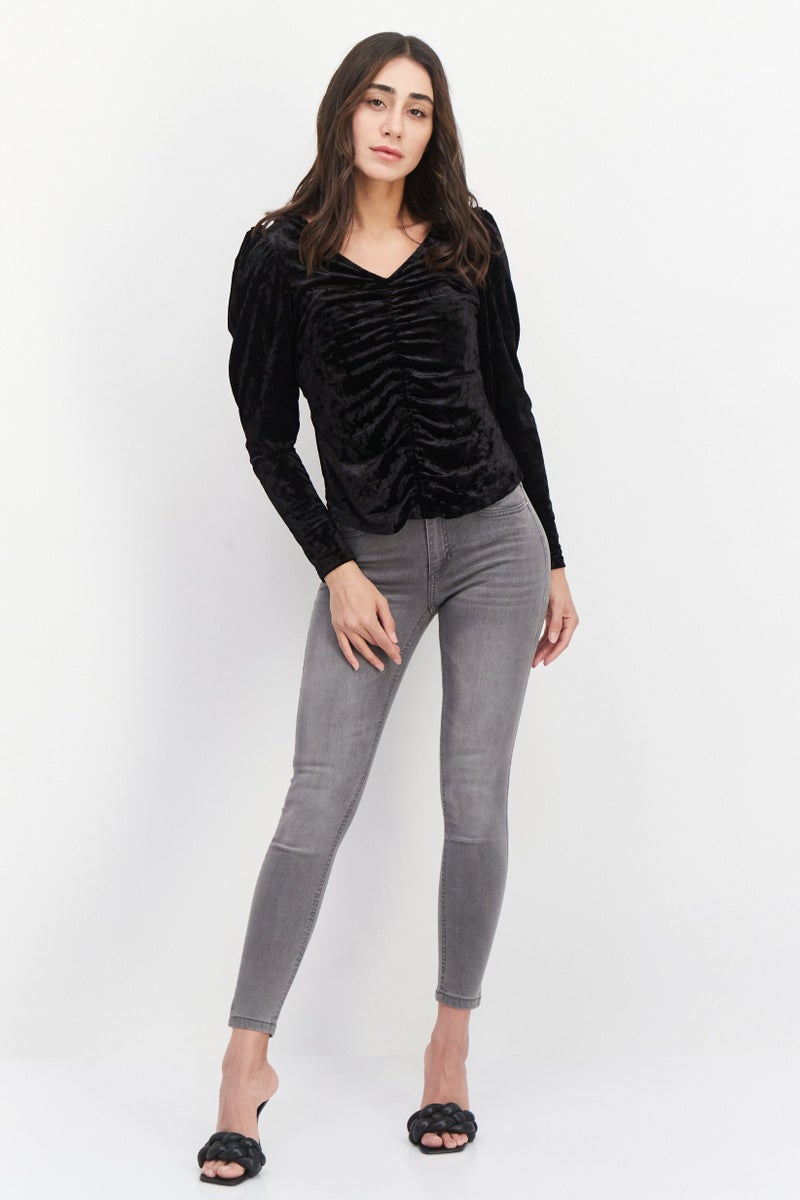Women V-Neck Long Sleeves Textured Blouse, Black