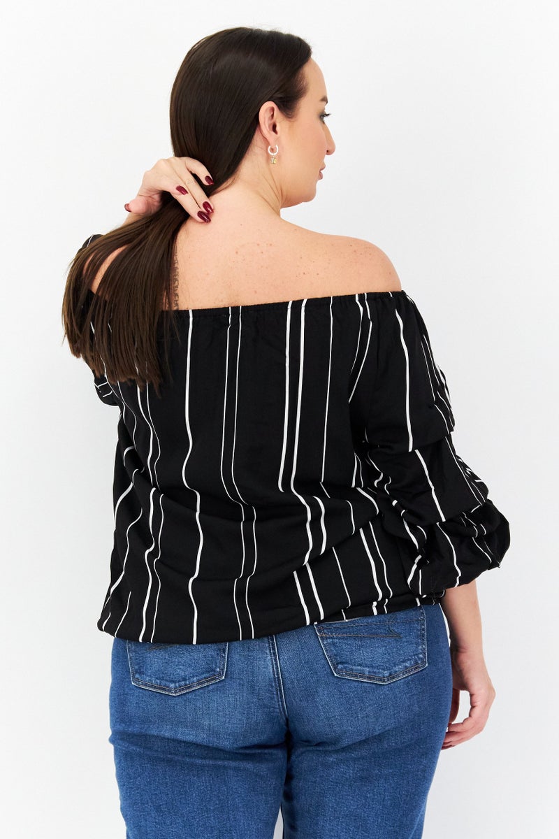 Women Off Shoulder Short Sleeves Striped Blouse, Black