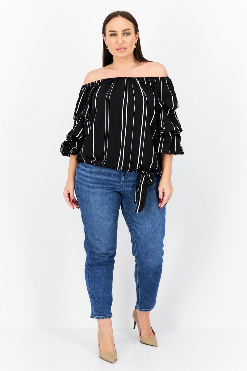 Women Off Shoulder Short Sleeves Striped Blouse, Black