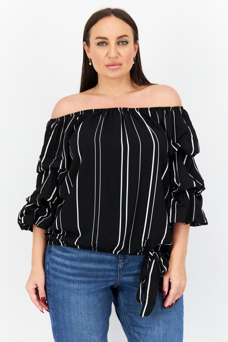 Women Off Shoulder Short Sleeves Striped Blouse, Black