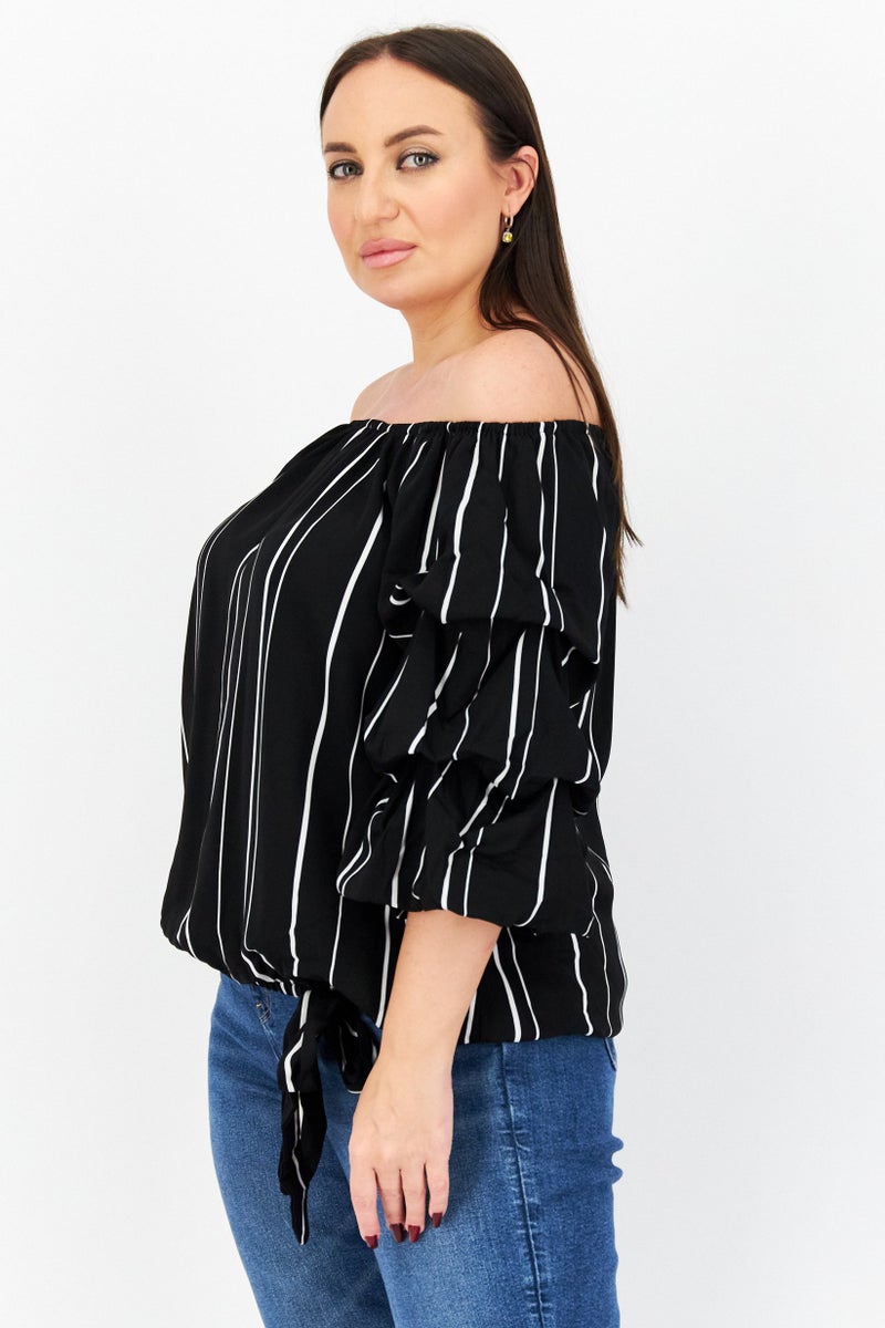 Women Off Shoulder Short Sleeves Striped Blouse, Black
