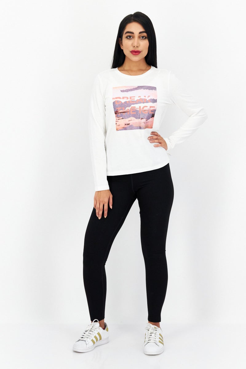 Women Round Neck Long Sleeves Printed Top, White Combo