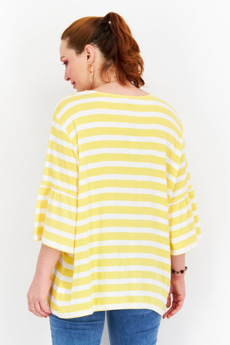 Women Plus Size Round Neck Flare Sleeve Stripe Top, Yellow/White