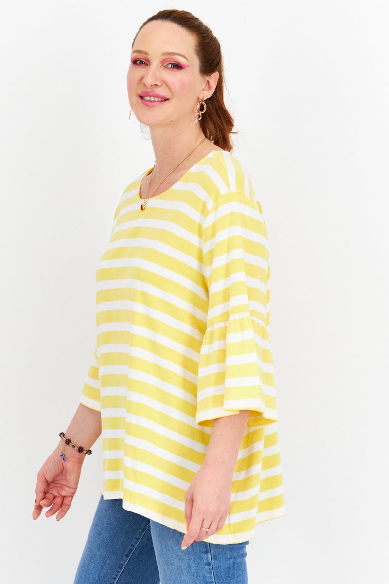 Women Plus Size Round Neck Flare Sleeve Stripe Top, Yellow/White