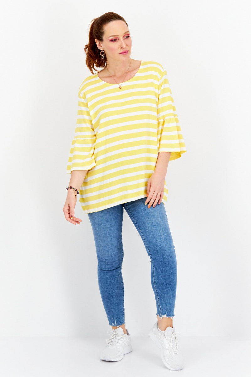 Women Plus Size Round Neck Flare Sleeve Stripe Top, Yellow/White