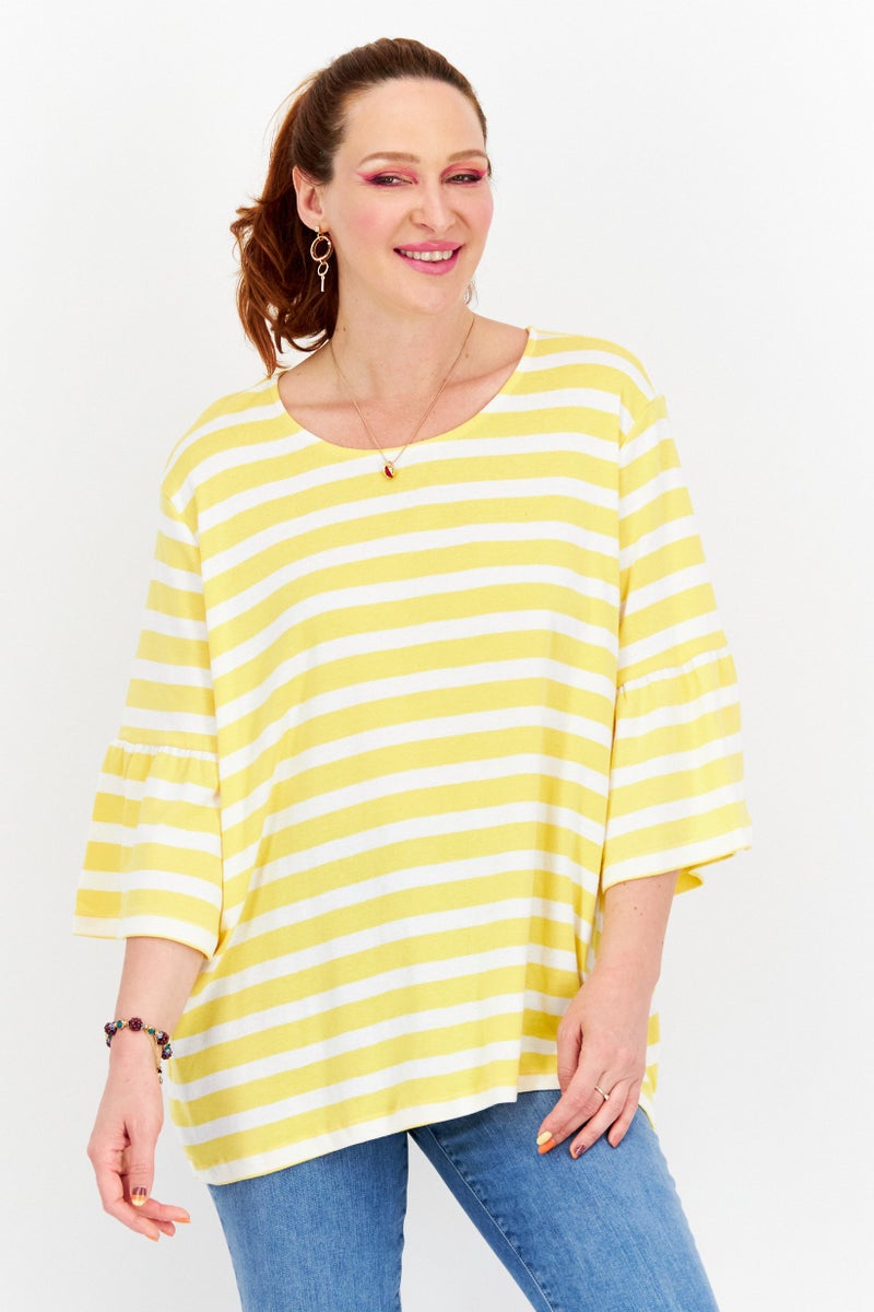 Women Plus Size Round Neck Flare Sleeve Stripe Top, Yellow/White