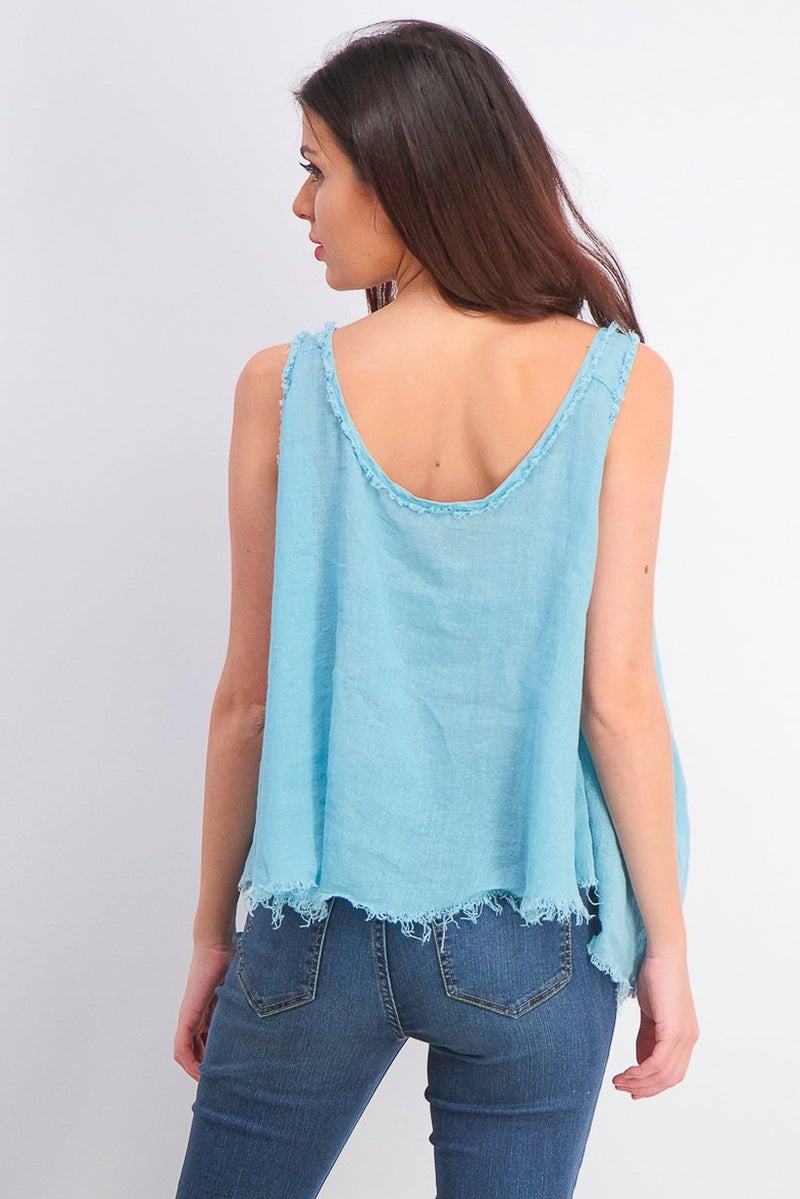 Women Scoop Neck Sleeveless Ramie Blend Top, Turquoise