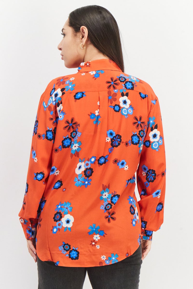 Women Spread Collar Long Sleeve Floral Print Blouse, Red Combo