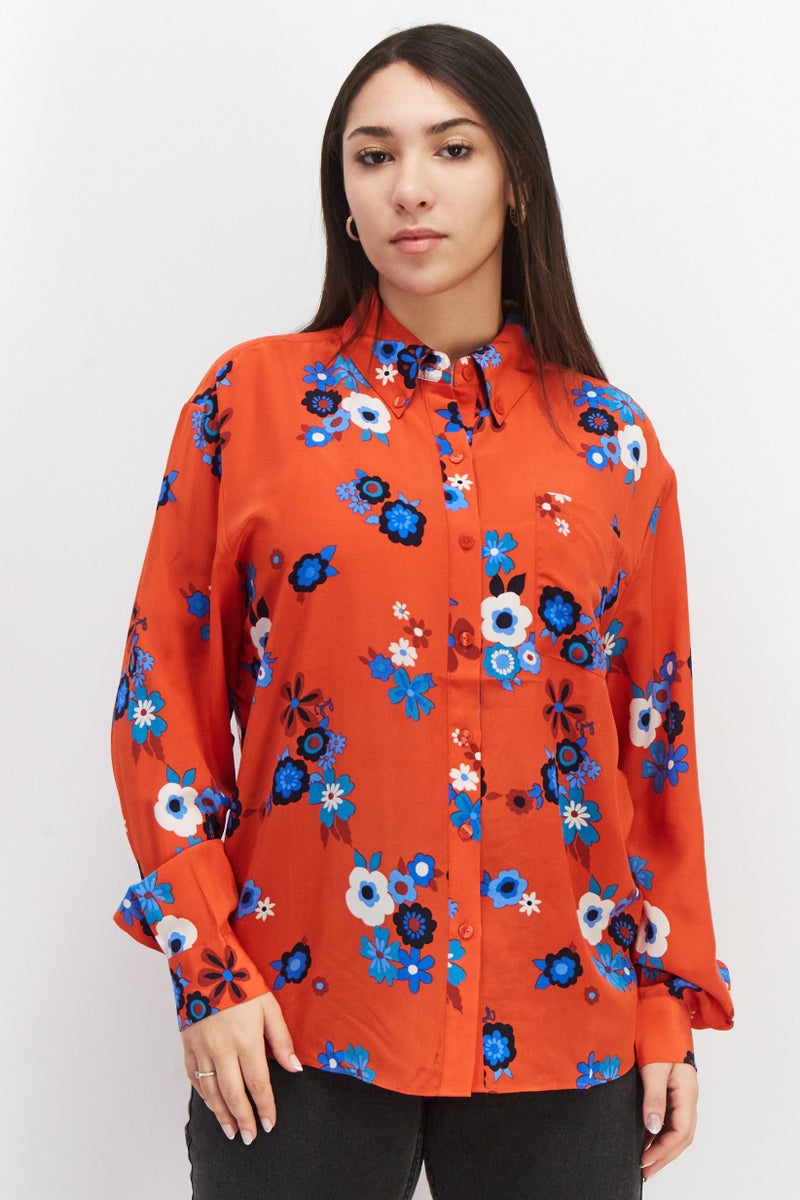Women Spread Collar Long Sleeve Floral Print Blouse, Red Combo
