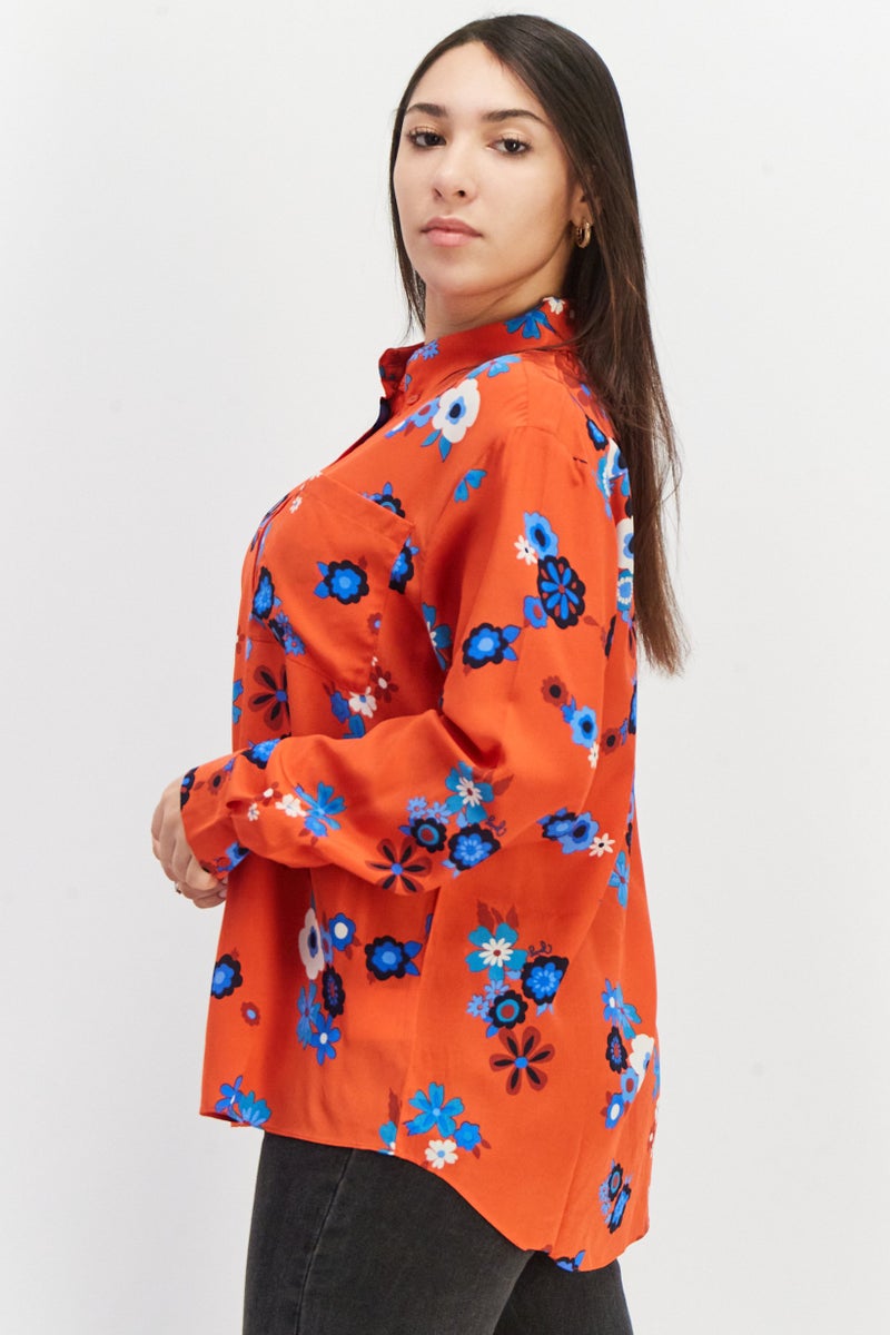 Women Spread Collar Long Sleeve Floral Print Blouse, Red Combo